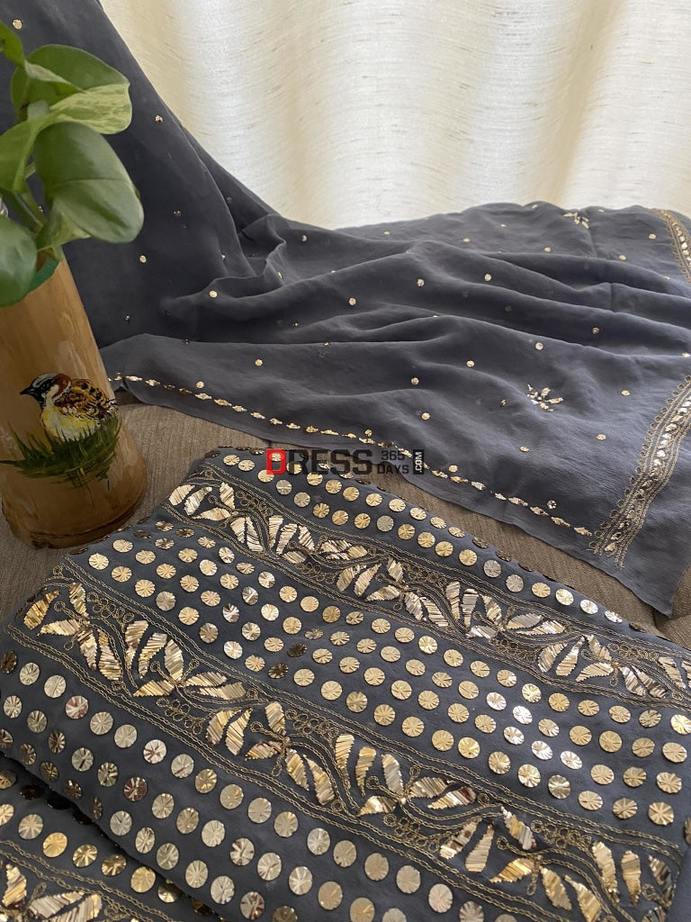 Grey Pure Georgette Kamdani Suit Chikankari Suits