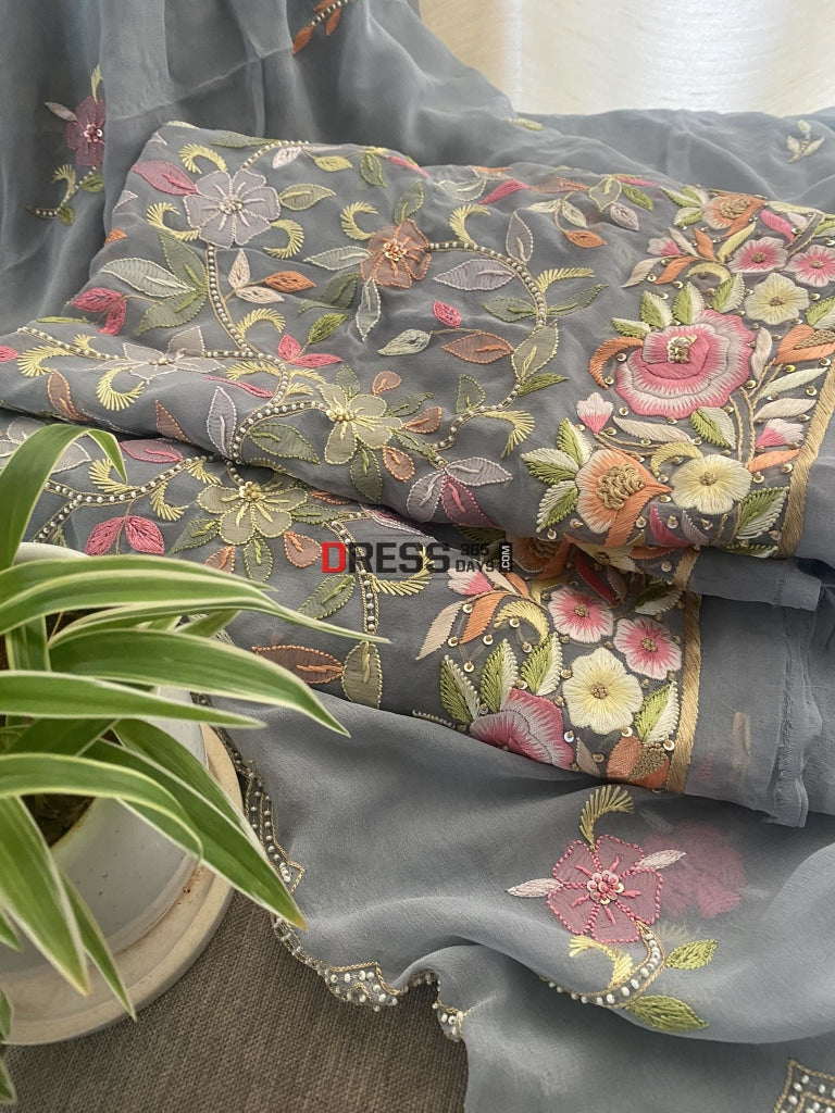 Grey Resham Chikankari Parsi Gara Pearl Suit Suits