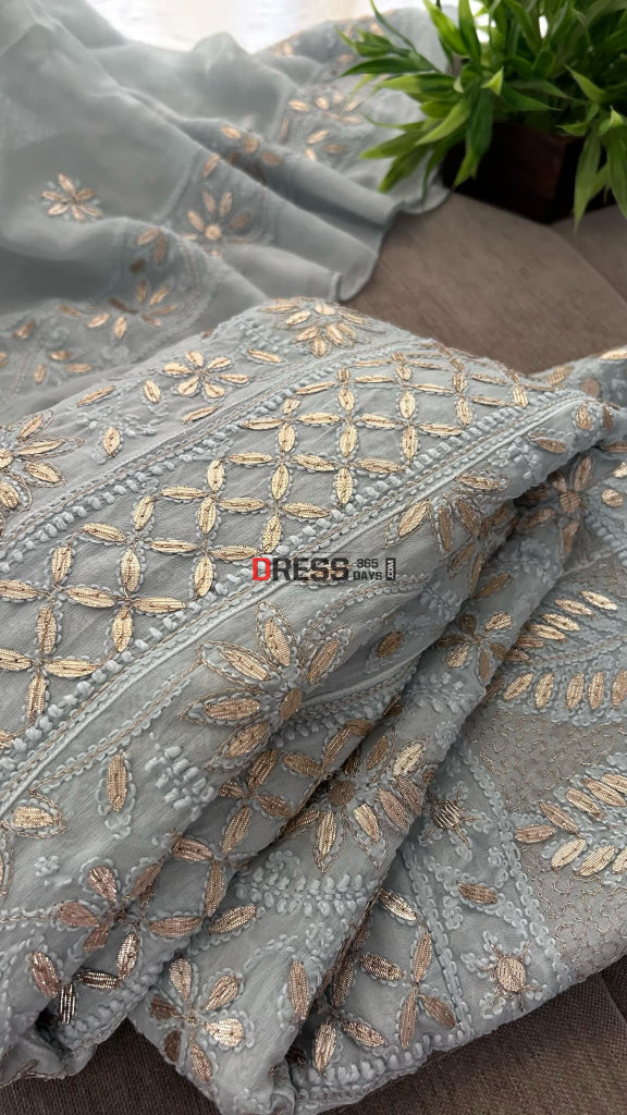 Greyish Blue Gota Patti Chikankari Anarkali Suit (Anarkali And Dupatta)