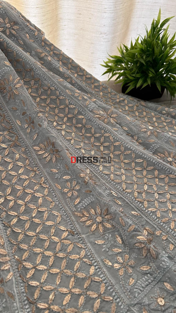 Greyish Blue Gota Patti Chikankari Anarkali Suit (Anarkali And Dupatta)