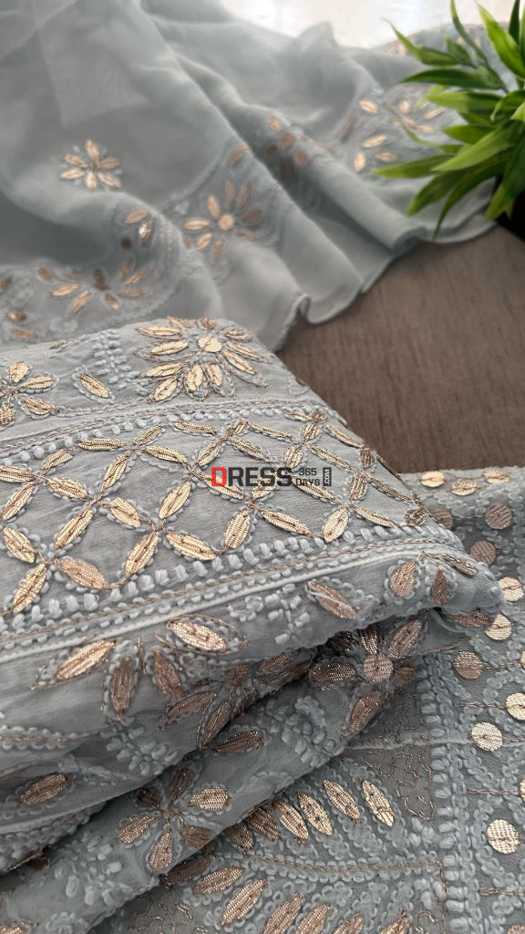 Greyish Blue Gota Patti Chikankari Anarkali Suit (Anarkali And Dupatta)