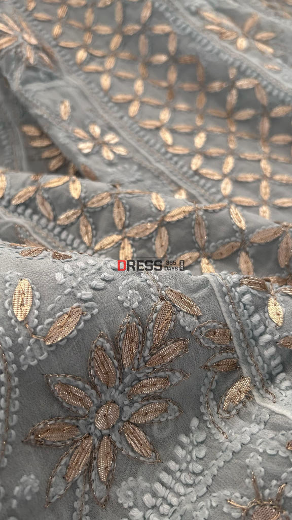 Greyish Blue Gota Patti Chikankari Anarkali Suit (Anarkali And Dupatta)