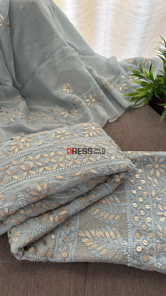 Greyish Blue Gota Patti Chikankari Anarkali Suit (Anarkali And Dupatta)