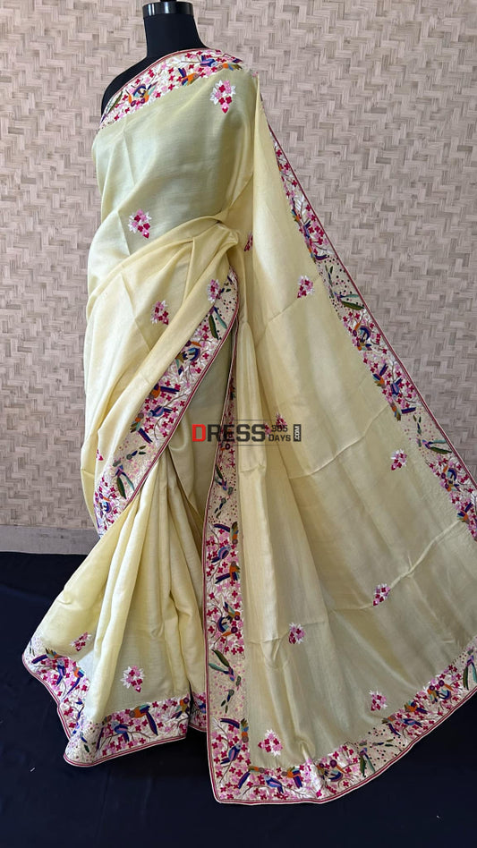 Hand Embroidered Lemon Yellow Tussar Silk Parsi Gara Saree Parsi Gara Saree