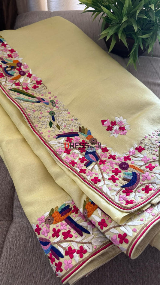 Hand Embroidered Lemon Yellow Tussar Silk Parsi Gara Saree Parsi Gara Saree