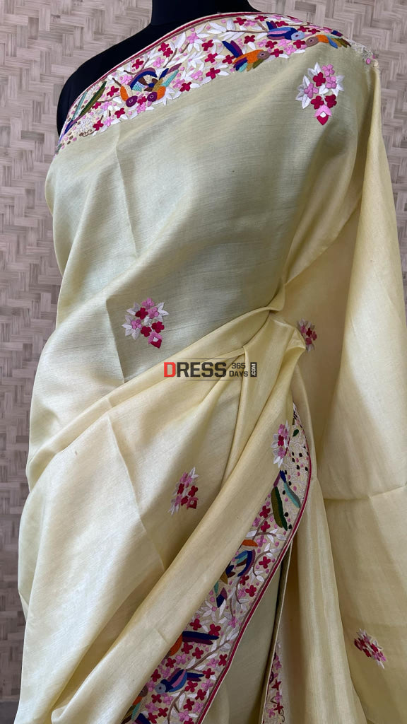 Hand Embroidered Lemon Yellow Tussar Silk Parsi Gara Saree Parsi Gara Saree