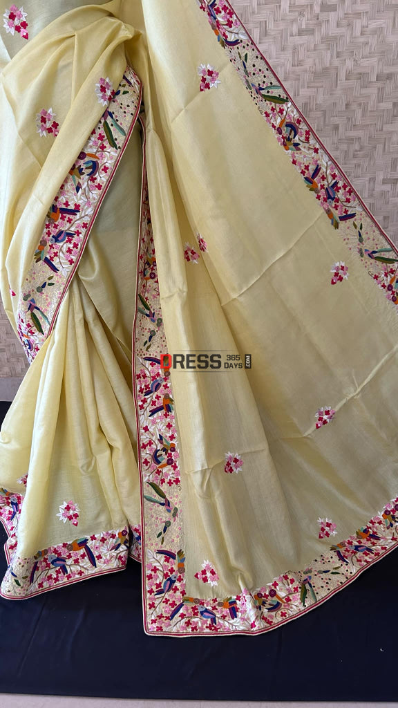 Hand Embroidered Lemon Yellow Tussar Silk Parsi Gara Saree Parsi Gara Saree