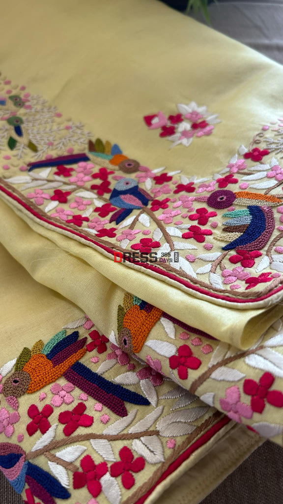 Hand Embroidered Lemon Yellow Tussar Silk Parsi Gara Saree Parsi Gara Saree