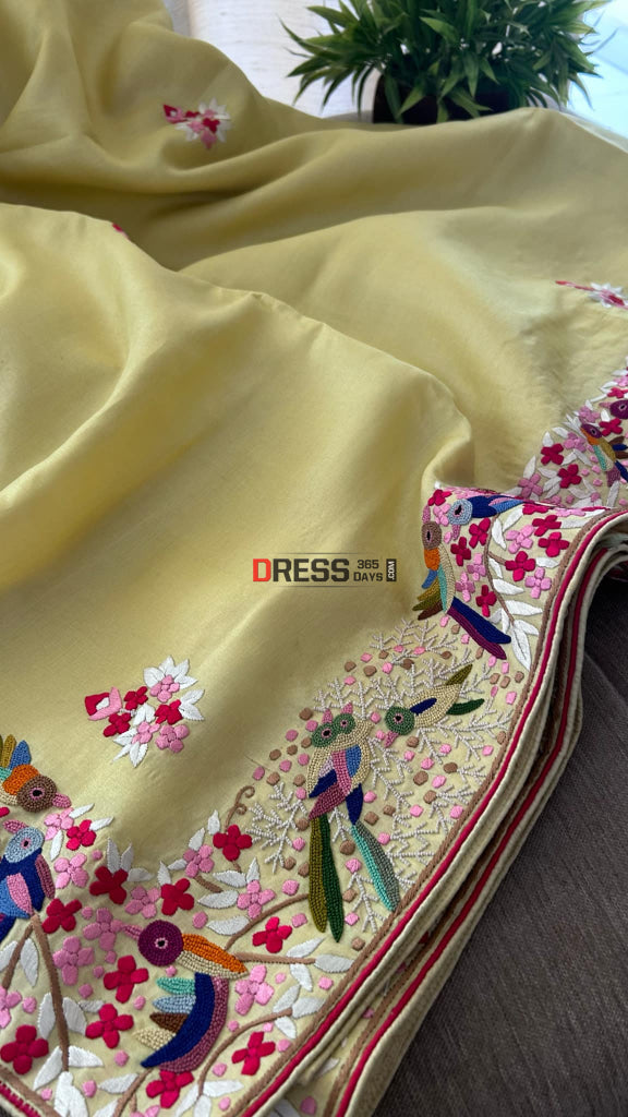 Hand Embroidered Lemon Yellow Tussar Silk Parsi Gara Saree Parsi Gara Saree