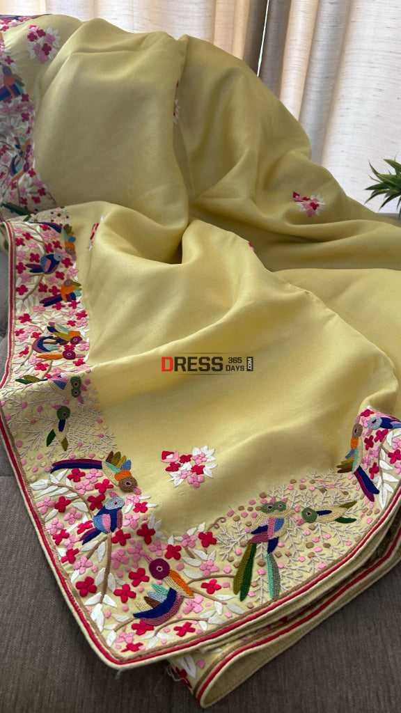 Hand Embroidered Lemon Yellow Tussar Silk Parsi Gara Saree Parsi Gara Saree