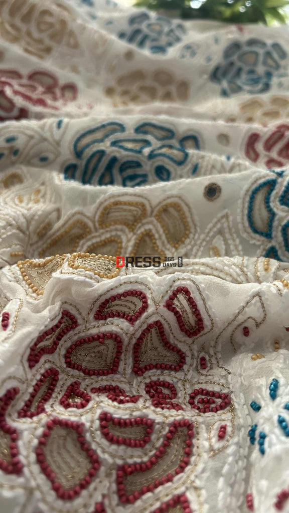 Hand Embroidered Multicolour Pearls Chikankari Suit Chikankari Suits