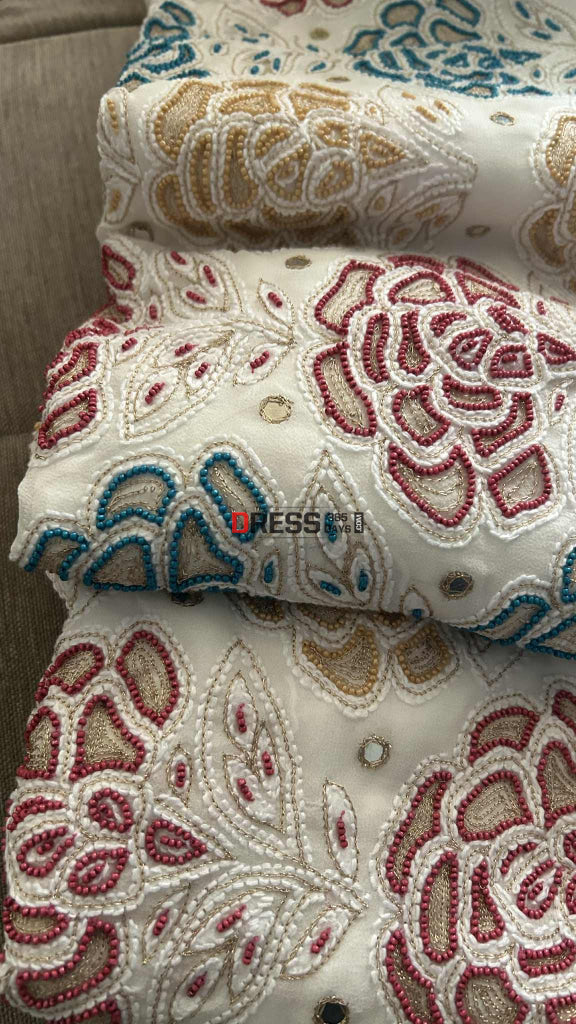 Hand Embroidered Multicolour Pearls Chikankari Suit Chikankari Suits