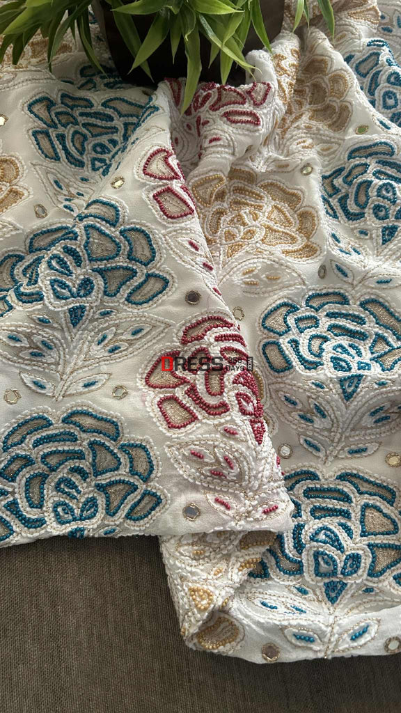 Hand Embroidered Multicolour Pearls Chikankari Suit Chikankari Suits