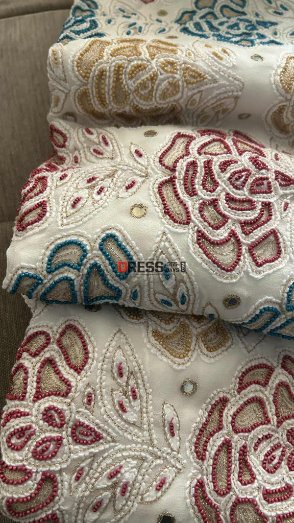 Hand Embroidered Multicolour Pearls Chikankari Suit Chikankari Suits