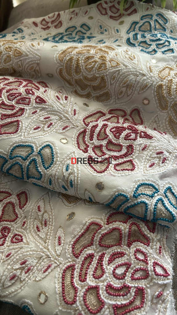 Hand Embroidered Multicolour Pearls Chikankari Suit Chikankari Suits