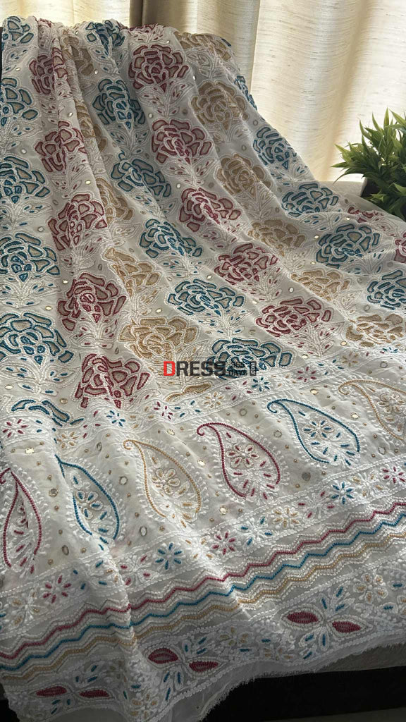 Hand Embroidered Multicolour Pearls Chikankari Suit Chikankari Suits