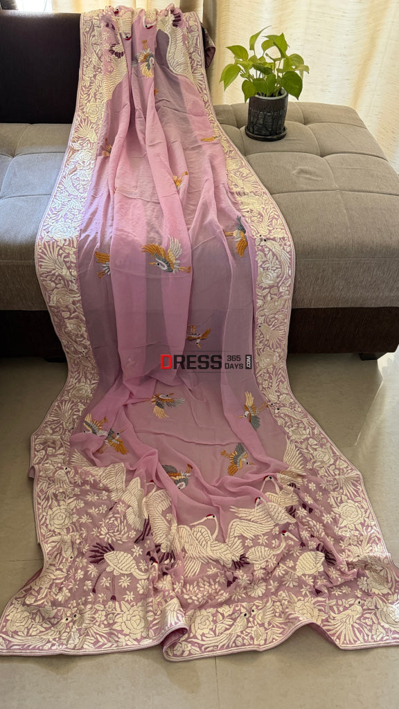 Handcrafted Baby Pink Parsi Gara Dupatta - Parsi Gara Dupatta