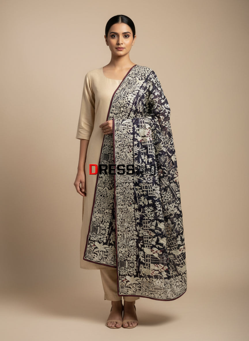 Pre Order Heirloom Designer Navy Ivory Parsi Gara Dupatta