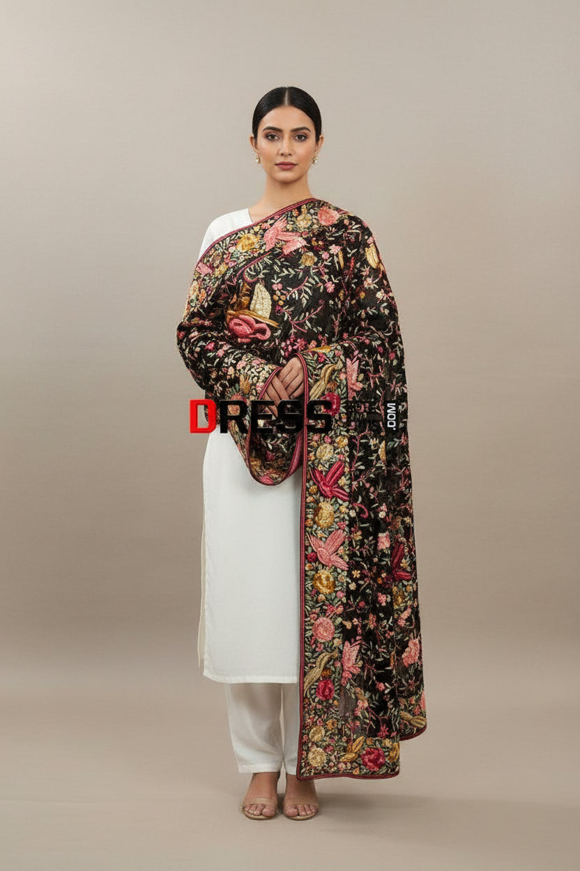 Pre Order Heirloom Hand Embroidered Multicolour Parsi Gara Dupatta