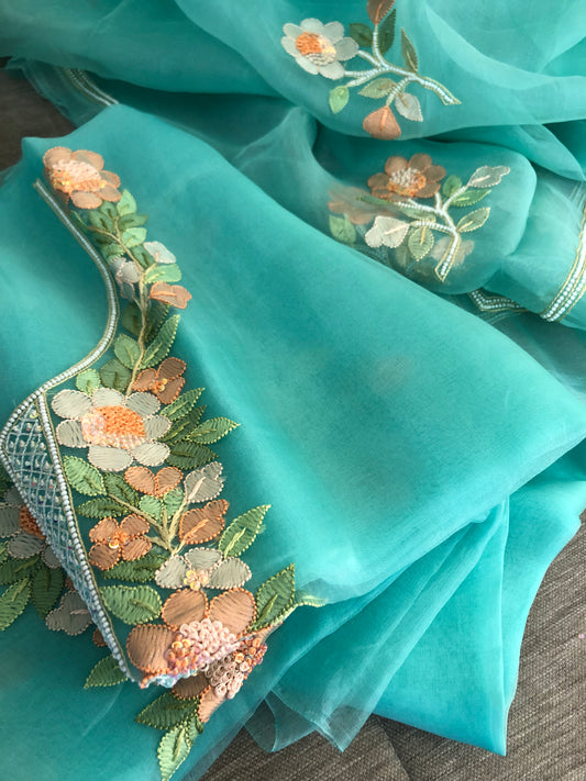 Green Organza Pearls Multicolour Chikankari Suit