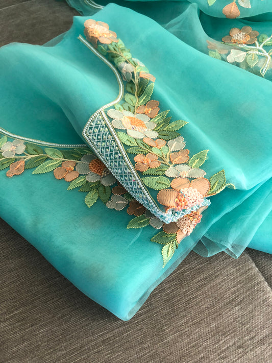 Green Organza Pearls Multicolour Chikankari Suit