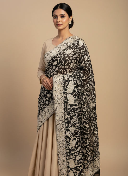 Pre Order Ivory and Black Parsi Gara Hand Embroidered Dupatta