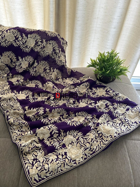 Ivory And Purple Hand Embroidered Parsi Gara Saree