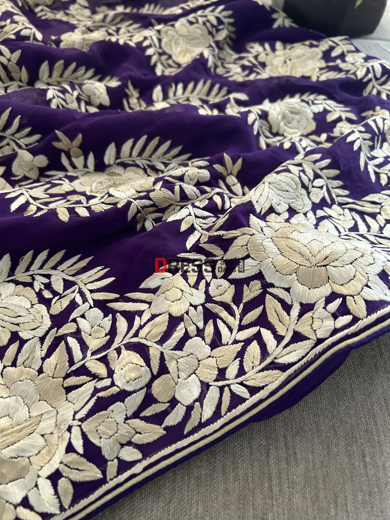 Ivory And Purple Hand Embroidered Parsi Gara Saree