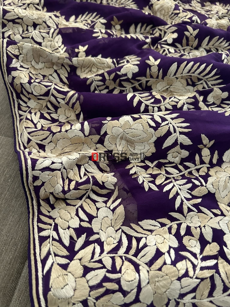 Ivory And Purple Hand Embroidered Parsi Gara Saree