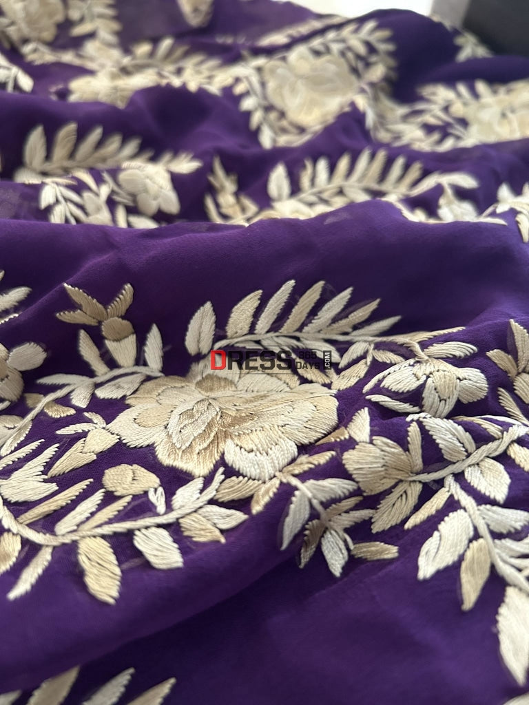 Ivory And Purple Hand Embroidered Parsi Gara Saree