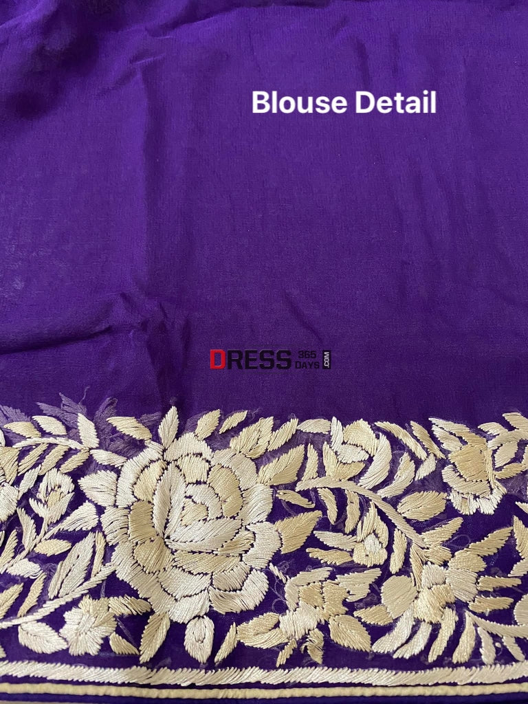 Purple & Ivory Hand Embroidered Parsi Gara Saree