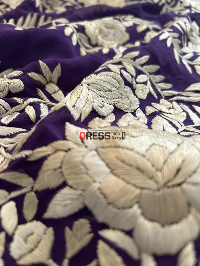 Ivory And Purple Hand Embroidered Parsi Gara Saree