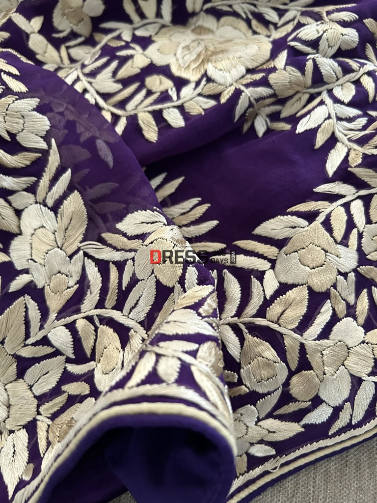 Ivory And Purple Hand Embroidered Parsi Gara Saree