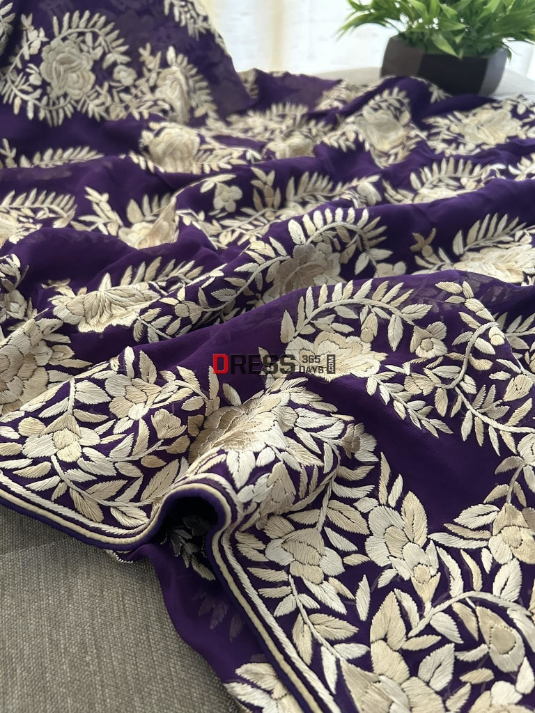 Ivory And Purple Hand Embroidered Parsi Gara Saree