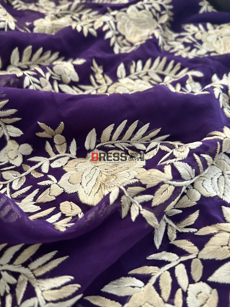 Ivory And Purple Hand Embroidered Parsi Gara Saree
