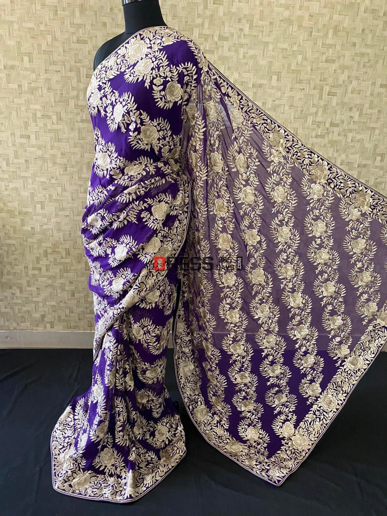 Purple & Ivory Hand Embroidered Parsi Gara Saree