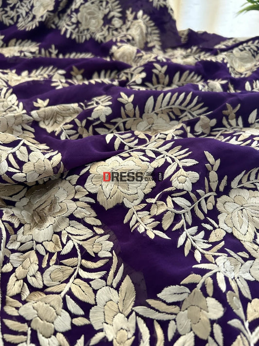 Ivory And Purple Hand Embroidered Parsi Gara Saree