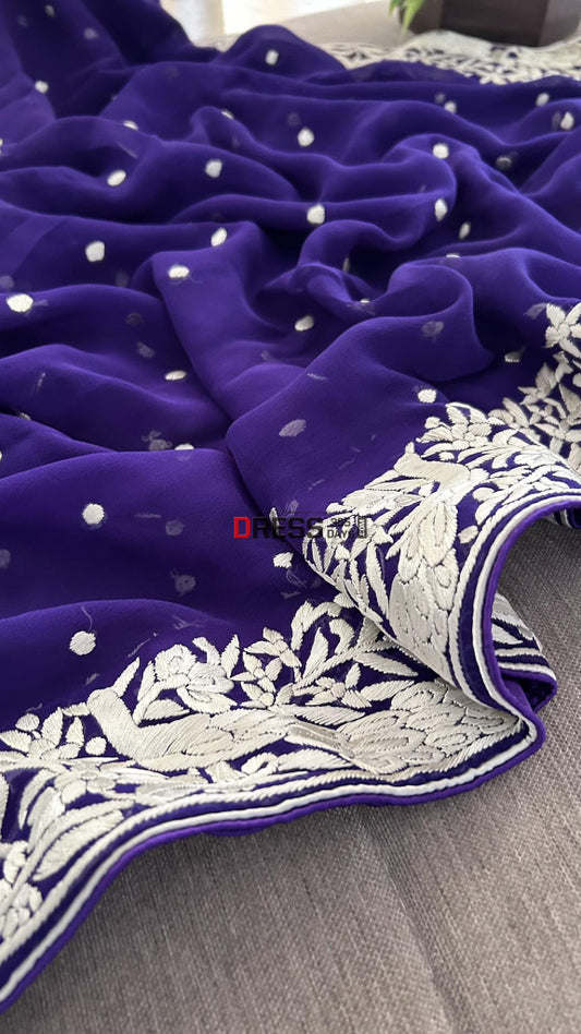 Ivory And Purple Parsi Gara Hand Embroidered Dupatta