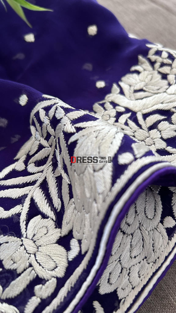 Ivory And Purple Parsi Gara Hand Embroidered Dupatta