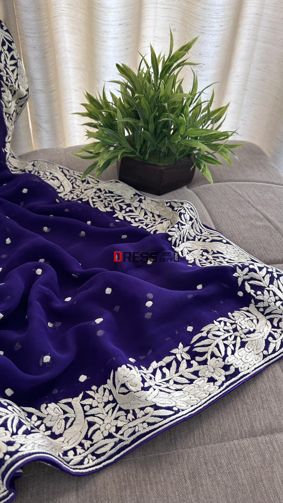 Ivory And Purple Parsi Gara Hand Embroidered Dupatta