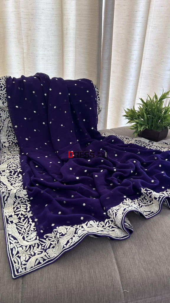 Ivory And Purple Parsi Gara Hand Embroidered Dupatta