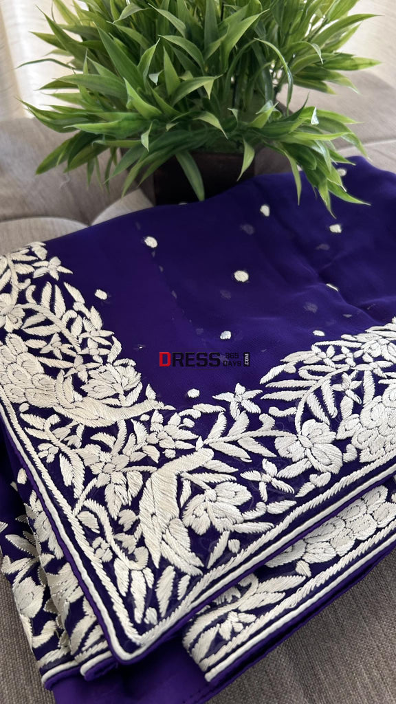 Ivory And Purple Parsi Gara Hand Embroidered Dupatta