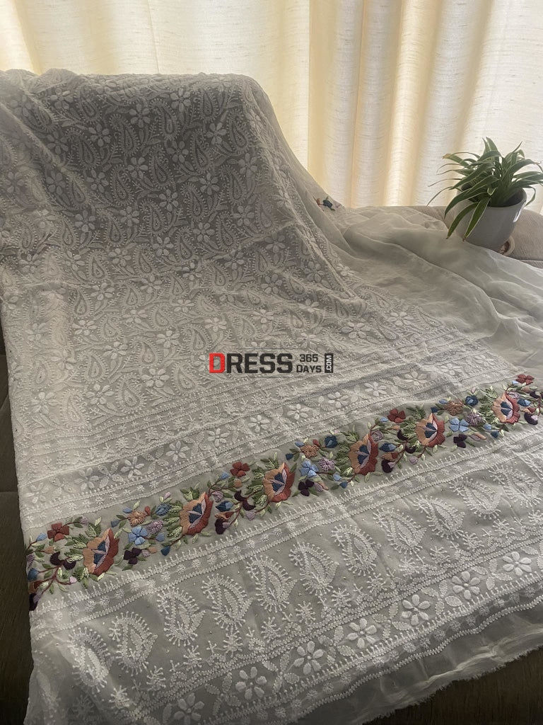 Ivory Chikankari Parsi Gara Daman Suit Suits