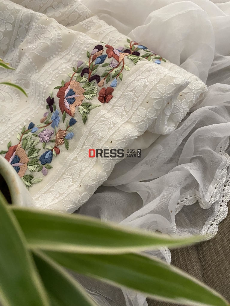 Ivory Chikankari Parsi Gara Daman Suit Suits