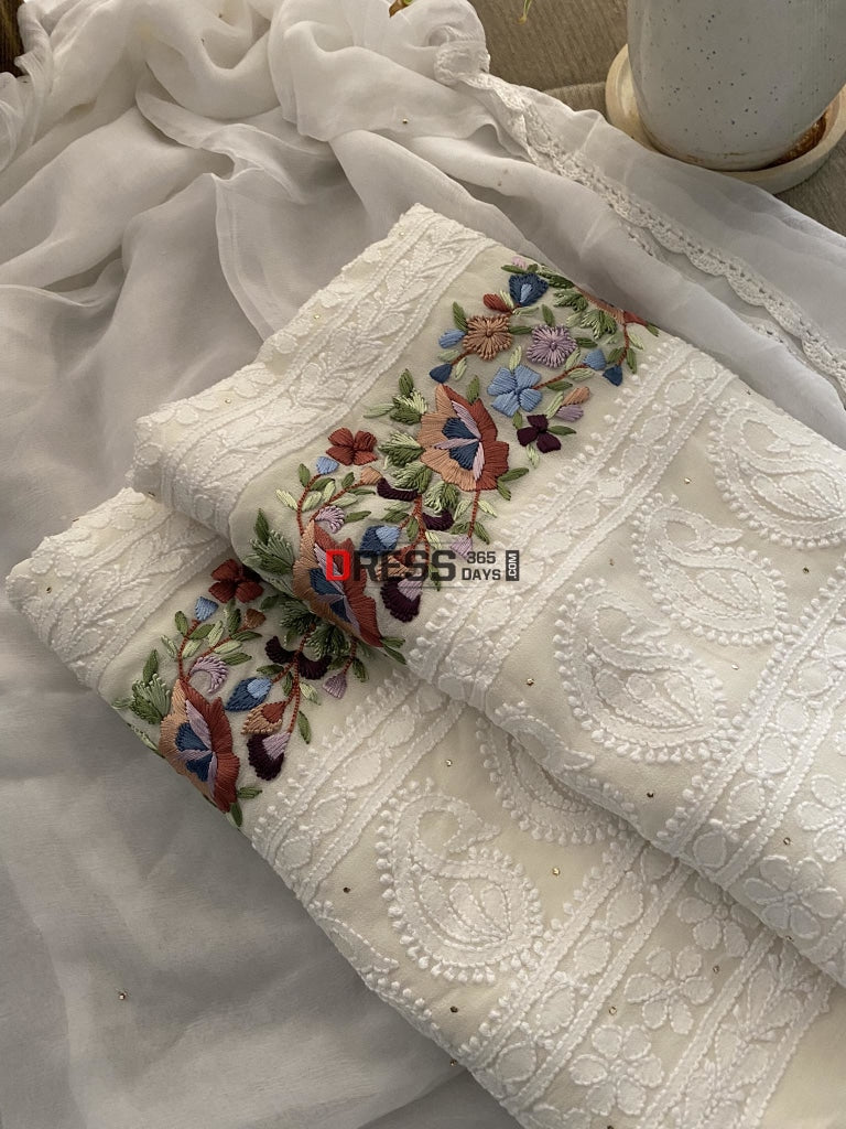 Ivory Chikankari Parsi Gara Daman Suit Suits