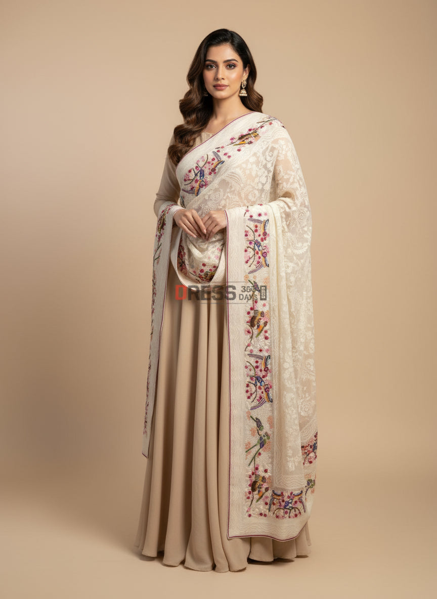 Chikankari, Parsi Gara & French Knot Hand Embroidered Dupatta