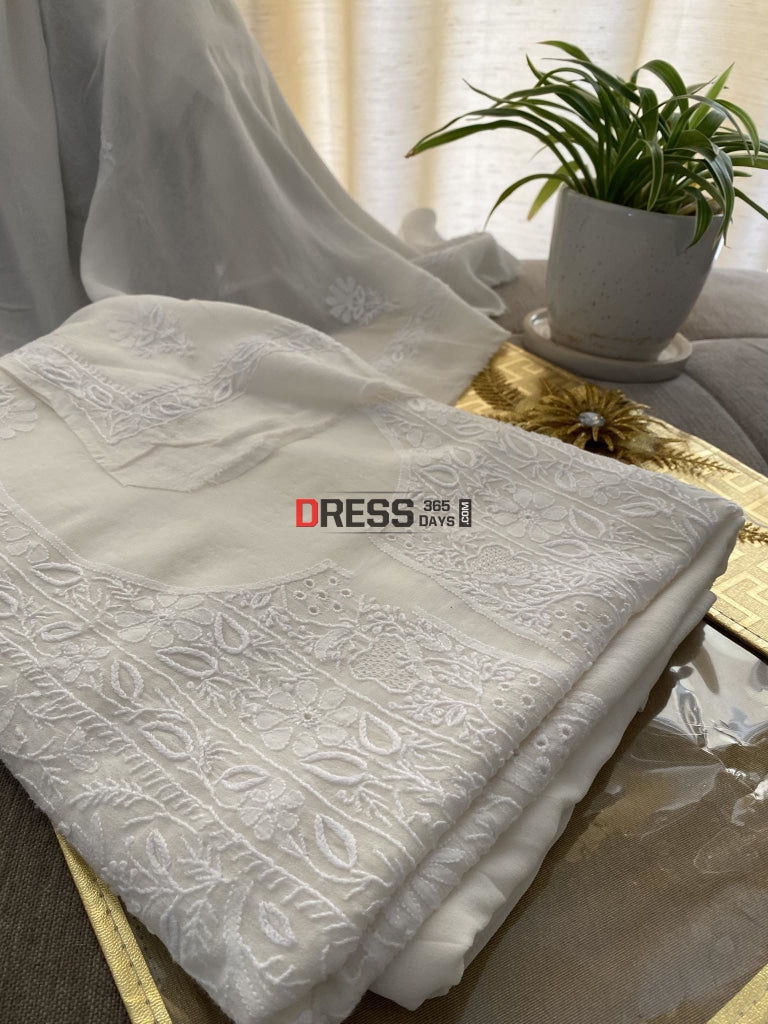Ivory Fine Chikankari & Jaali Work Kurta Dupatta Set Suits
