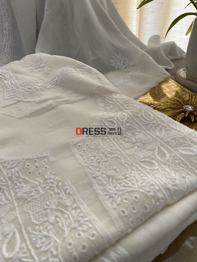 Ivory Fine Chikankari & Jaali Work Kurta Dupatta Set Suits
