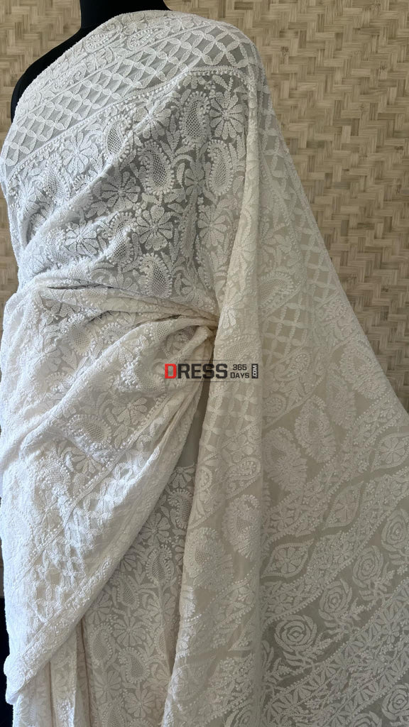 Ivory Fine Chikankari & Jaali Work Saree Chikankari Saree