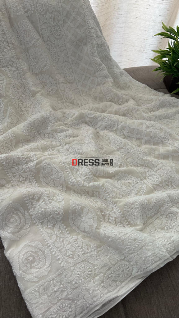 Ivory Fine Chikankari & Jaali Work Saree Chikankari Saree